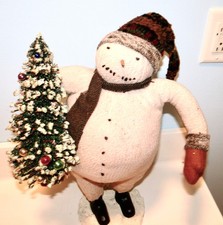 Vintage CODY FOSTER Large Folk Art SNOWMAN w/BOTTLEBRUSH CHRISTMAS TREE 17” picture