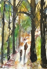Watercolor ACEO Original Painting by Mary King - Walking The Dog picture