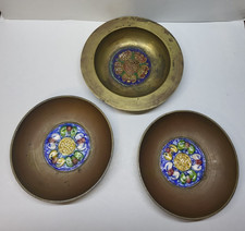 Lot of 3 VTG Small Chinese brass enamelware cloisonne bowls ashtrays Floral Boho picture