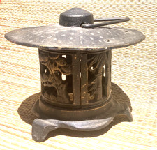Vintage Japanese Bamboo Motif Rustic Cast Iron Lantern Indoor Outdoor Zen Garden picture