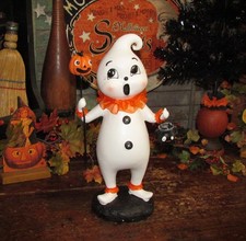 Ghoulish Halloween Ghost Boy Figurine Vintage Style Clown Ruffle Pumpkin Bucket picture