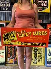 Antique Vintage Old Style Sign Lucky Fishing Lures Michigan 29x12 Made in USA picture