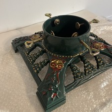 Vintage Innova Green Christmas Tree Stand Cast Iron Gold Bells Red Bows 14”  picture