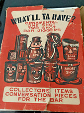 Vintage What'll Ya Have 8 Pc Bar Jiggers Shot Glasses Japan NOS Original Box picture