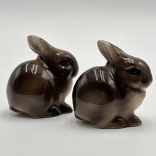 Pair 2 Brown Chubby Bunny Rabbits Miniature Figurines Porcelain Made Austria 2.5 picture