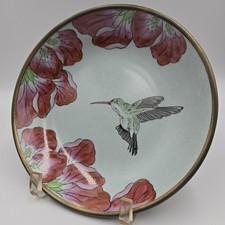 VTG RARE Rubicon Hand Painted Wall Art Flower & Hummingbird Gold Trim 1987 8” picture