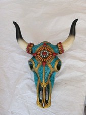 Southwest Steer Bison Cow Aztec Sun Gold And Turquoise Mosaic Skull Wall Decor picture