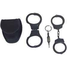 2 Pair Black Steel Handcuffs Hinged Chain Key Nylon Belt Pouch Set picture