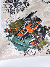 Vintage Rayon Pictorial Tablecloth 1940s Cottages Lady Raking Roof tops 54X47 picture