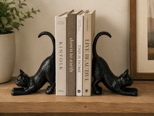 Antique Style Pair Of Cast Iron Playful Black Cat Bookends Figurines Heavy Duty picture