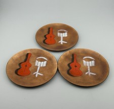 Ernest Sohn Creations 4″ Enamel Copper Guitar Drum Coasters 3pc MCM 1960s VTG picture