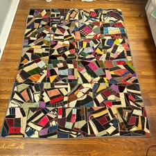 Antique Signed 1903 Crazy Quilt Silk Velvet Embroidered Ribbons 62x82 picture