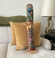 Hand-Painted Wooden Native American Figure Sculpture, Signed, Multicolor picture