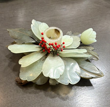 Vintage hand carved jade Stone flower candle holder picture