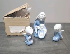Lefton Vintage Mary with Baby Jesus and Two Angel Figurines Blue & White  picture