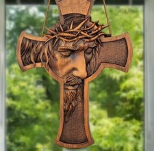 Vintage Wooden Jesus Christ Crucifix Wall Hanging Cross Crown of Thorns Decor picture