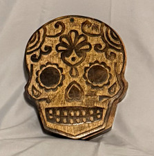 Wood Skull-Shaped Trinket Box with Lid, Carved Sugar Skull, Brown/Black picture