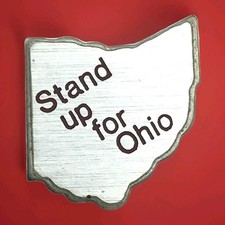 Stand Up For Ohio Pin Vintage Metal Silver Tone Enamel State Shape picture
