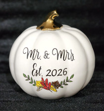 Mr. & Mrs. Est. 2026 Pumpkin Embossed Fall Leaves White Gold Stem Bridal Wedding picture