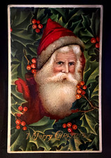 Santa Claus with Holly~Antique Gel Embossed~ Vintage~Christmas Postcard~s519 picture