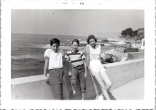 Three Kids on Oceanfront Seawall, 1956 California Coast B&W Snapshot Photo picture