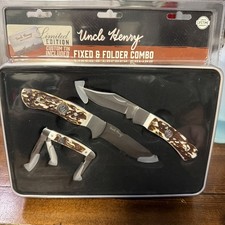 Uncle Henry Grip a Legend 3-Pc Folding Knife Set Stag Handle Tin Case picture