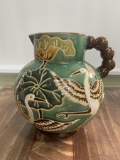 Hand Carved Ceramic Vase Handle White Crane Lotus Glazed Pitcher Home Decor picture