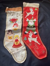 2 Vtg 50s Felt Christmas Stockings Santa Reindeer Angels Kitschy MCM Decor Japan picture