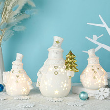 Domensi 3 Pcs Lighted Ceramic Snowman White Porcelain Christmas Decor picture