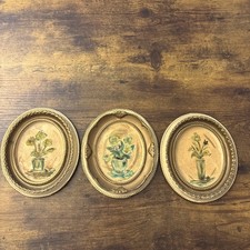 VTG Miniature Floral Paintings Set Of 3 Oval Ornate Gold Gilded Frames Art picture