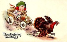 Thanksgiving Little Girl Driving Car Chasing Turkey Postcard COPY #10437 picture