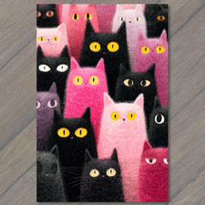 POSTCARD Pink Black Orange Cats Yellow Eyes Cute Feline Crowd Artwork picture