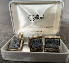 Vintage Blue Grey Stone 18K Gold Electroplate Plated Tie Clip Clasp  & Cufflinks picture