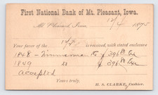1875 First National Bank Postal Card Mt Pleasant IA Business Receipt picture