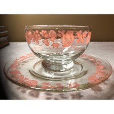 Vintage Pink Gooseberry Glass Sherbet Bowl & Saucer Set Coquette Cottagecore MCM picture