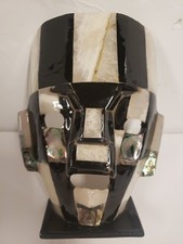 UNUSUAL UNIQUE Artisan Handcrafted Abalone & Stone Mayan Death Mask BLACK WHITE  picture