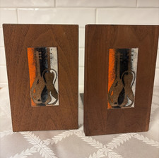 Vintage ROBERT WUERSCH Wooden Enamel instruments on Copper Bookends Mid Century picture