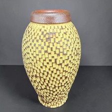 Margie Signed Studio Pottery Vase Textured Yellow Brown Basketweave 8 Inch picture