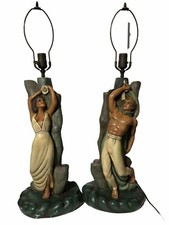Rare Pair 1940’s/50’s Plastart Mid Century Figural Hawaiin Male Female Lamps picture