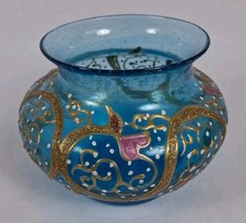 Antique Victorian Bohemian Blue Art Glass Vase Gilt Enamel Hand Blown 3