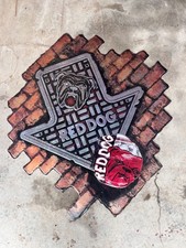 Vintage Red Dog Smashed Beer Can Metal Sign picture