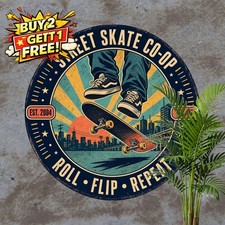 Skater Silhouette Skate Lifestyle Sport Retro Round Metal Tin Sign 8x8 picture