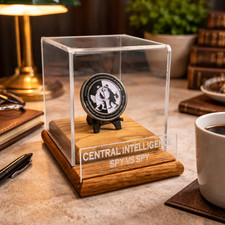 CIA Spy v Spy Coin Display Case Acrylic Shadow Box W/ Wood Base coin included 40 picture