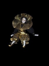 Vintage Porcelain Harlequin Jester Clown Doll, Black Velvet & Gold Costume 18