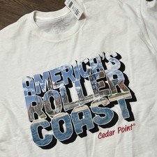 White Blue Vintage Postcard Cedar Point Roller Coast T-Shirt Large Cotton NEW picture