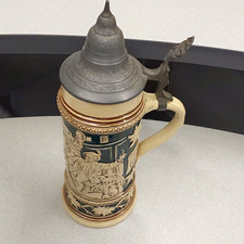 German Lidded Beer Stein Pewter-Style Hinged Lid Relief Blue/Cream 