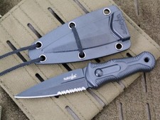 5” Mini Tactical Neck Knife Black Full Tang Stealth Sharp Serrated Spear Point picture