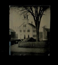 Outstanding Miniature Gem Tintype Outdoor Scene TOWN HALL BUILDING 1860s Photo picture