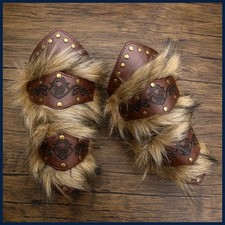 Medieval Viking Steampunk Faux Leather Fur Wrist Guards Armguard Bracer Armor. picture