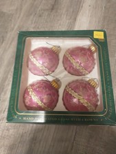 VTG 4 Krebs Victorian Lace Pink  Christmas Ornaments Floral Iridescent Glittered picture